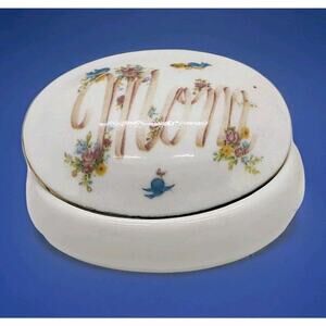 Vintage MOM trinket Jewelry Gift Box Porcelain Flowers & Bird 1980s Dish & Lid